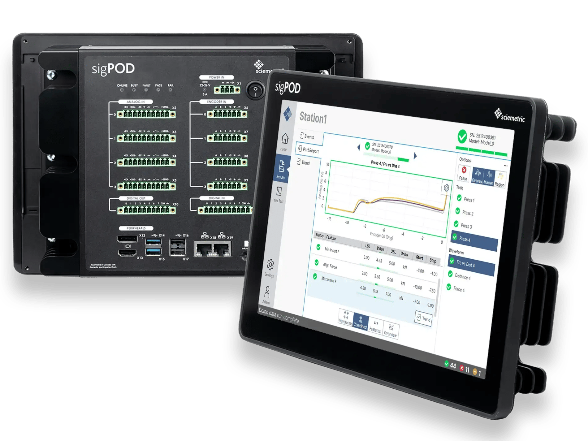 Front and back of a sigPOD with a screen featuring waveforms