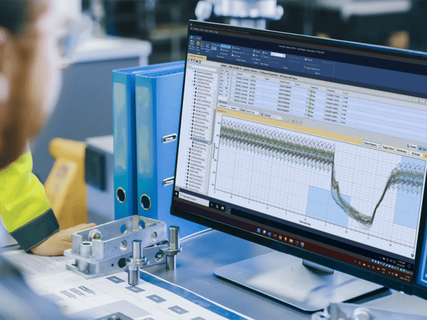 Older man sitting at a desk in a manufacturing environment looking at engine cold test waveforms on a computer monitor