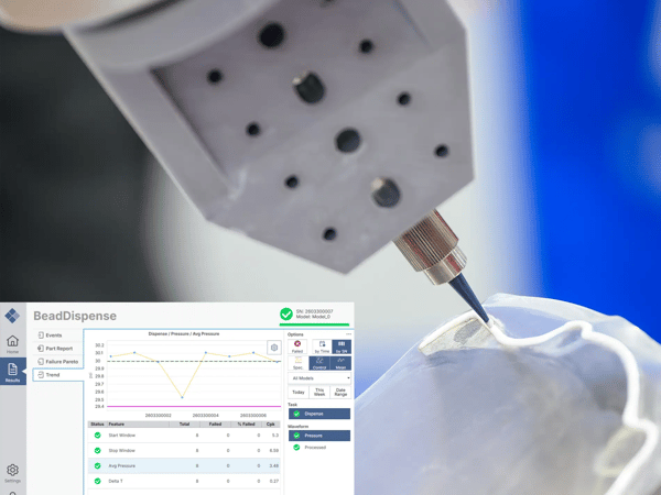 Image of a nozzle dispensing adhesive on a plastic part with a sigPOD screen capture showing a bead dispense operation on the lower left.