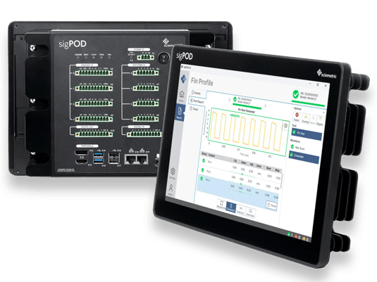 Front and back of a sigPOD with a screen featuring dispense process waveforms