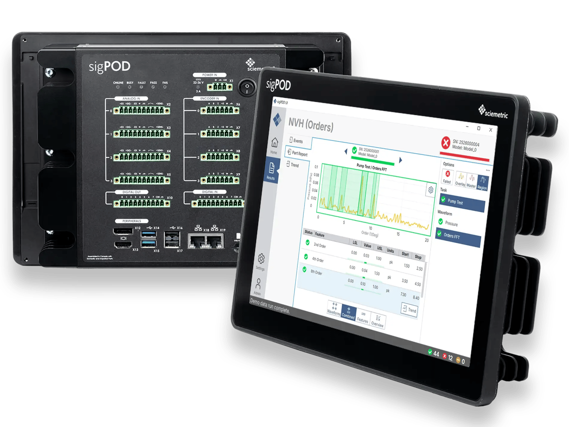 Image of sigPOD with the connections showing with another sigPOD angled in front of it showing results for an NVH part test.