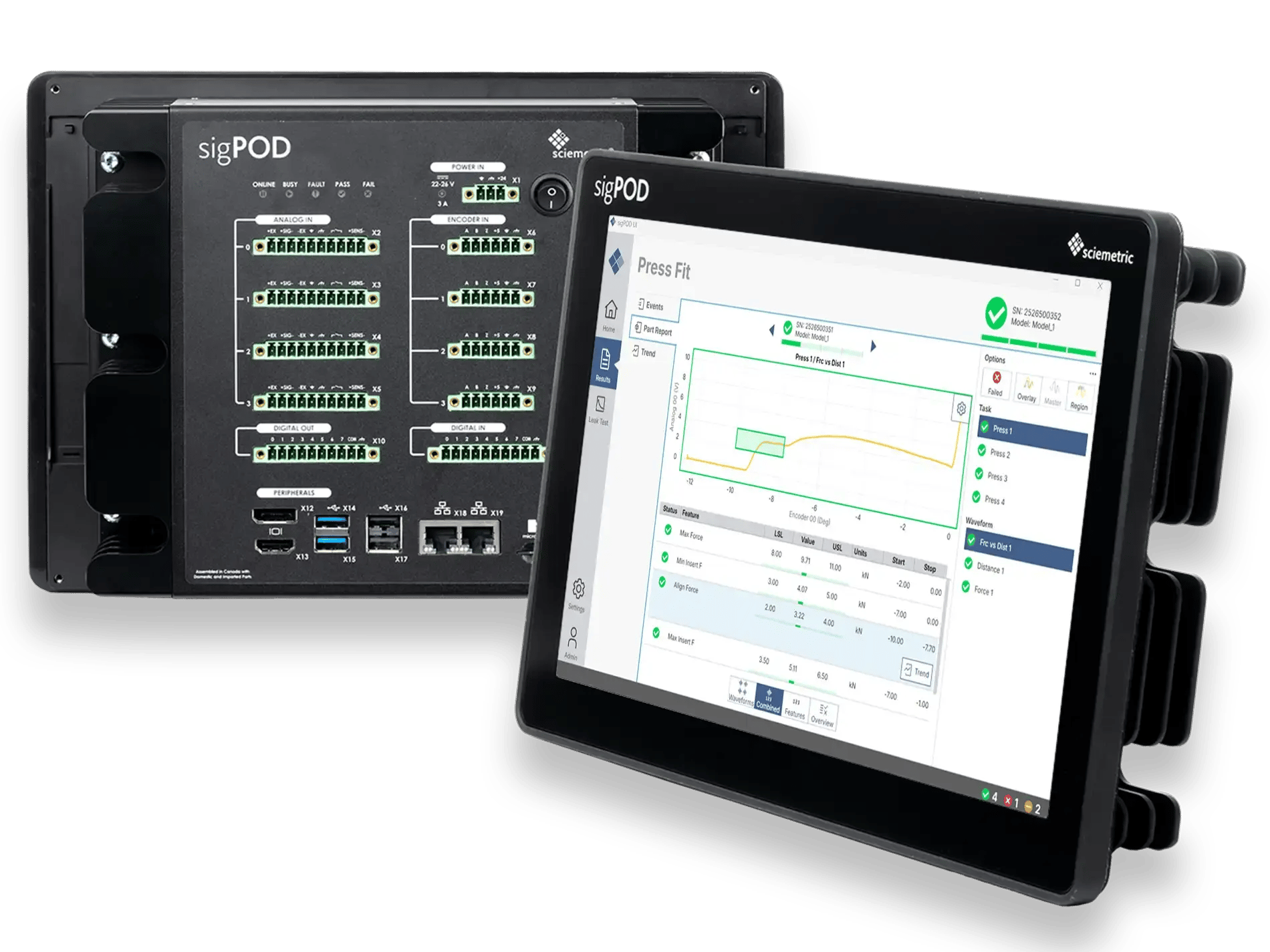 image of the front and back of a sigPOD with force vs distance signatures on the front screen