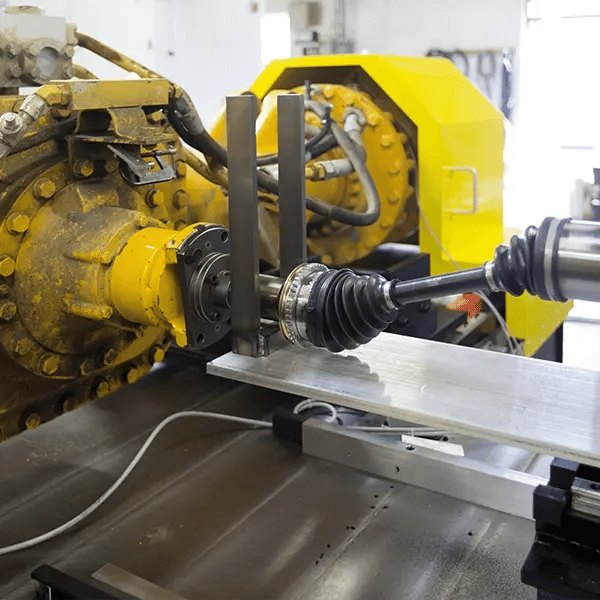Close-up of a test machine to spin the axle on a large yellow product
