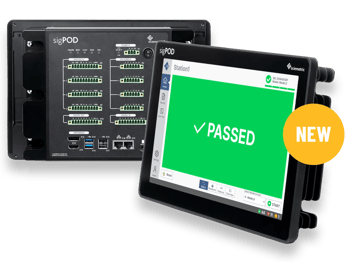 Image of sigPOD with the connections showing with another sigPOD angled in front of it showing a green pass screen.