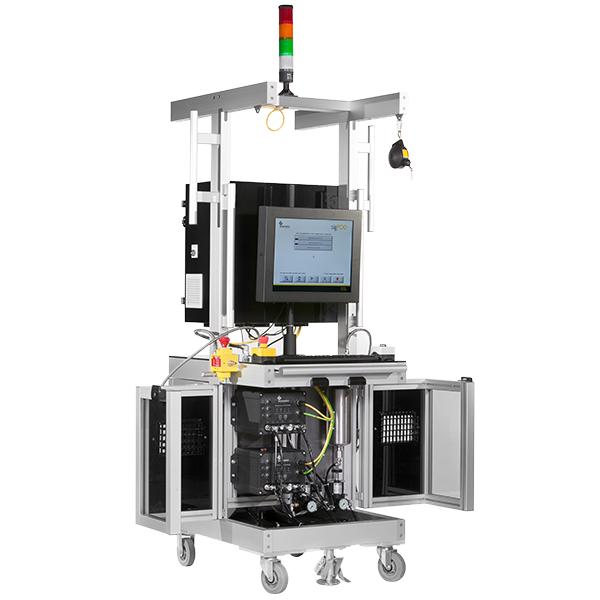 Leak test machine with gull wing doors, status lights on a structure with wheels