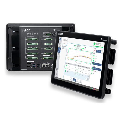 Front and back of a sigPOD with a screen featuring waveforms