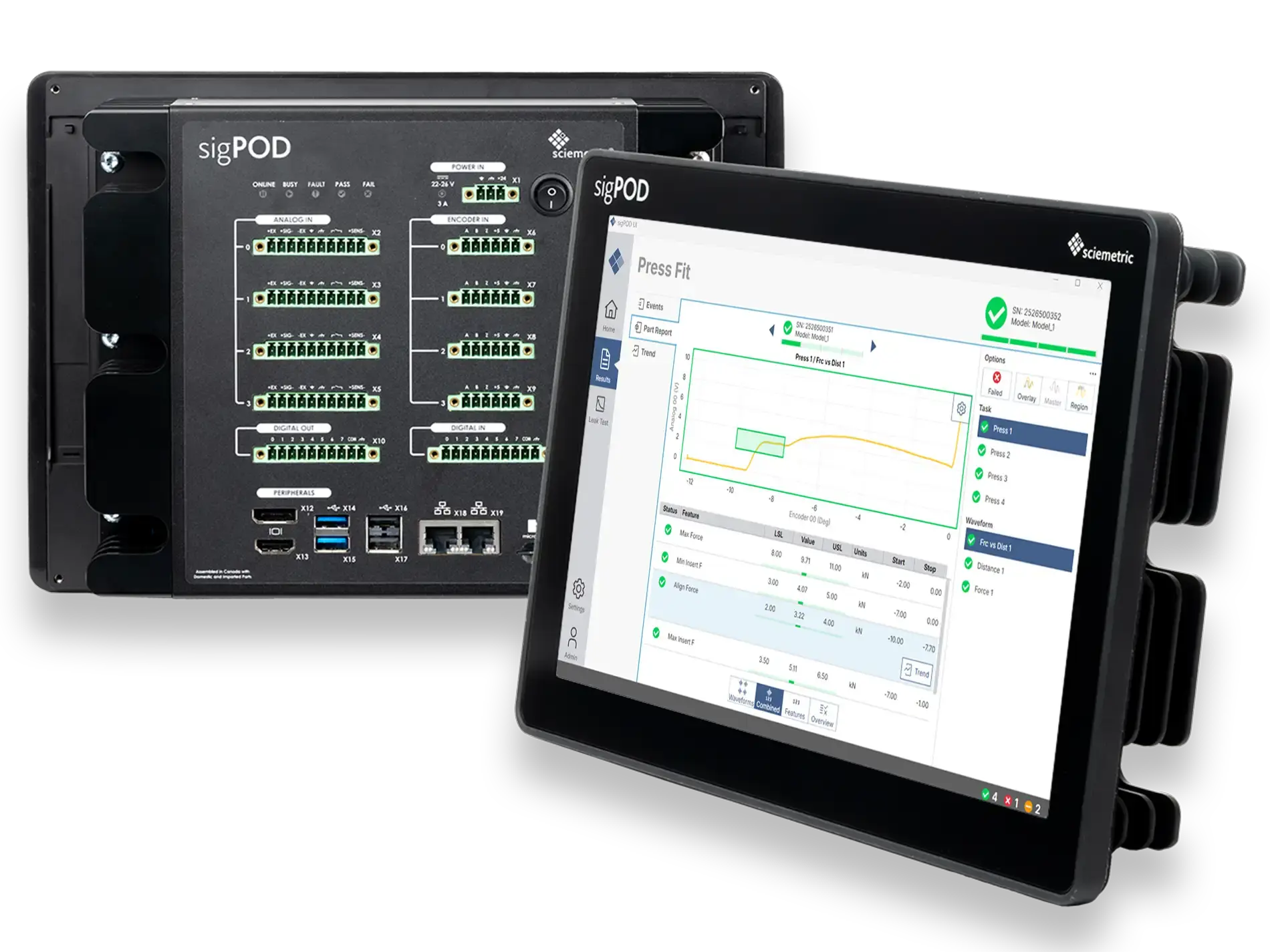 image of the front and back of a sigPOD with force vs distance signatures on the front screen image of the front and back of a sigPOD with force vs distance signatures on the front screen