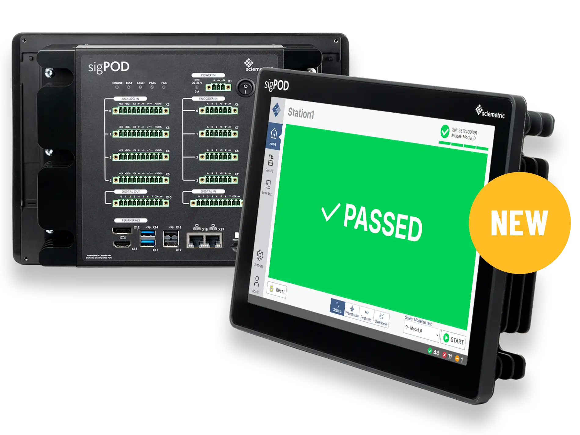Image of sigPOD with the connections showing with another sigPOD angled in front of it showing a green pass screen.