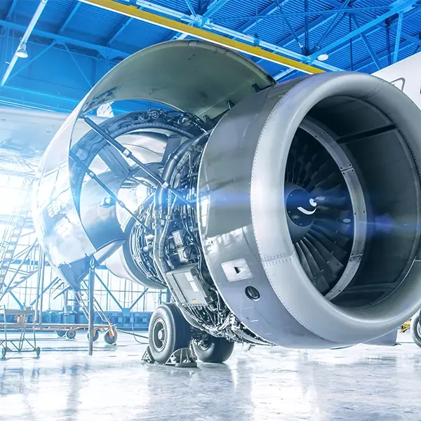 Airplane in hangar with engine in one wing visible