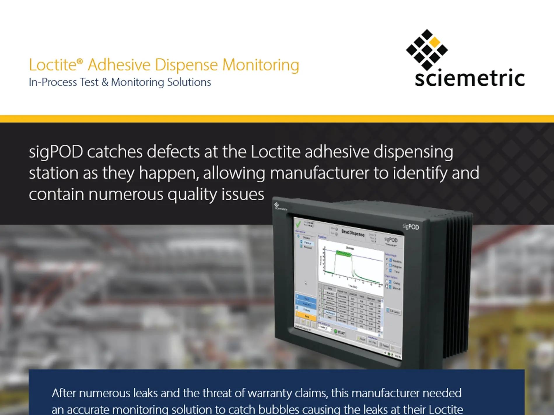 Top part of an application note document showing a sigPOD superimposed on a manufacturing background