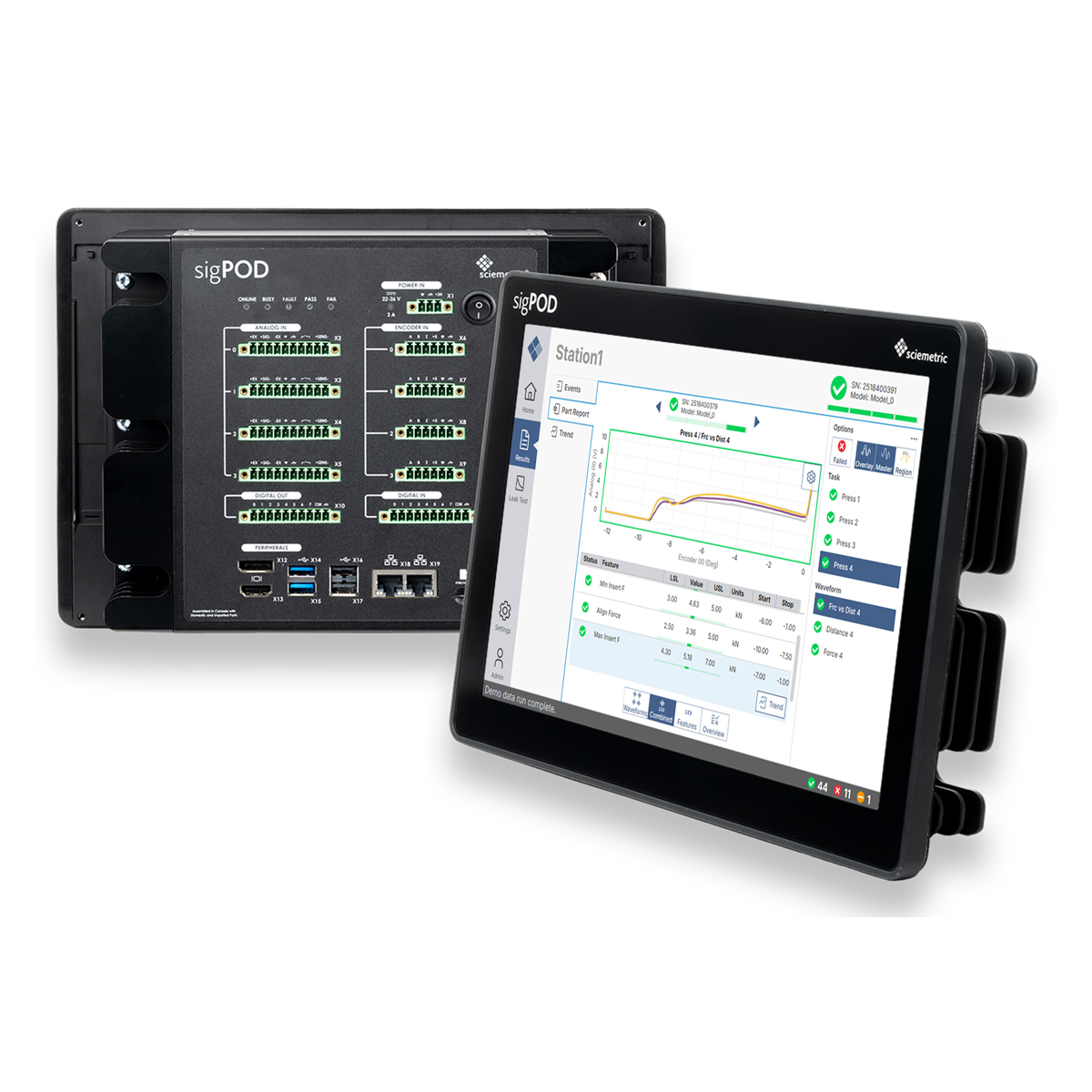 Front and back of a sigPOD with a screen featuring waveforms
