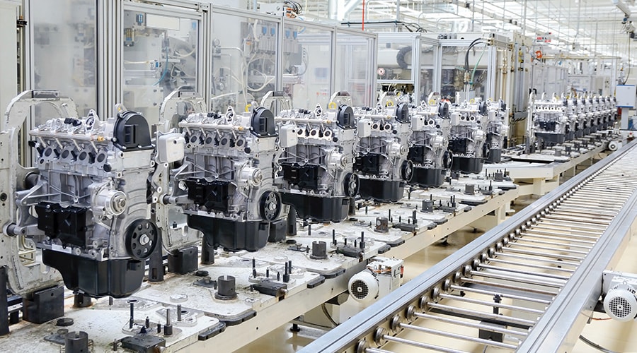 Production line for manufacturing of engines in a car factory