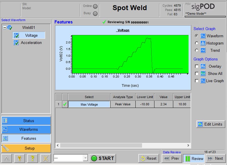 Example of good weld, voltage screen