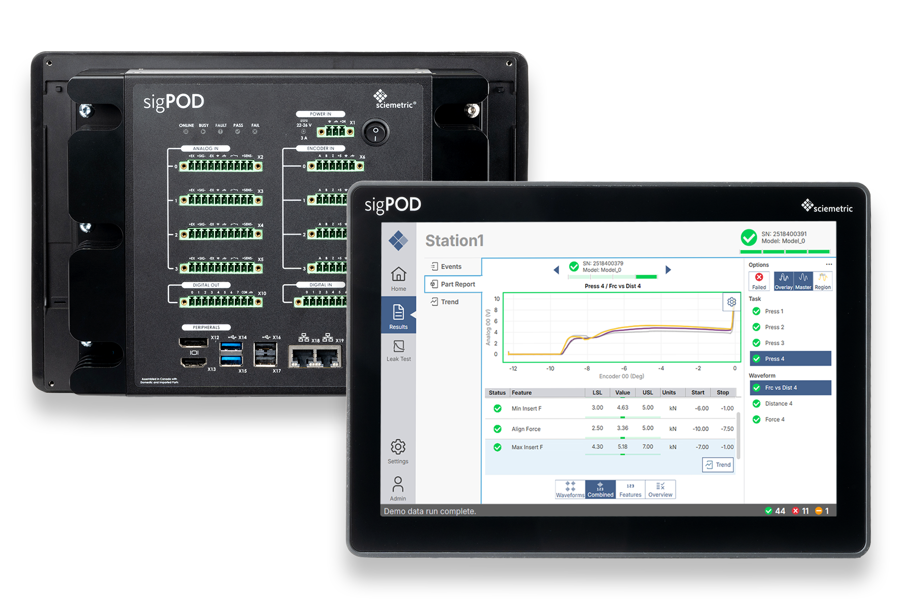 sigPOD 2204 Reporting UI with waveform overlay